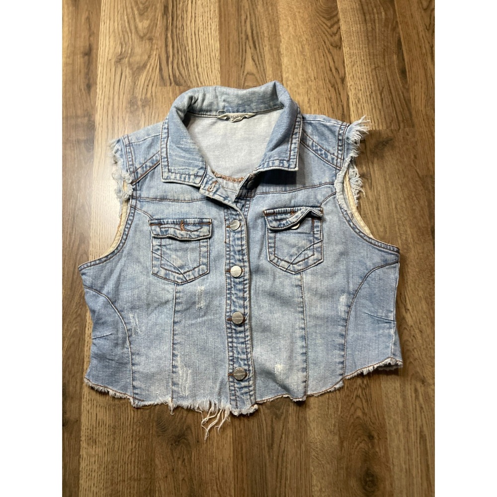 Bullhead Jean Jacket, Women's Size Large, Blue, Denim, Vest, Distressed Raw